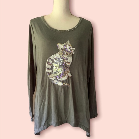 Gray Sequined Cat Long-sleeve Shark-bite Hem Tee large - Picture 1 of 10